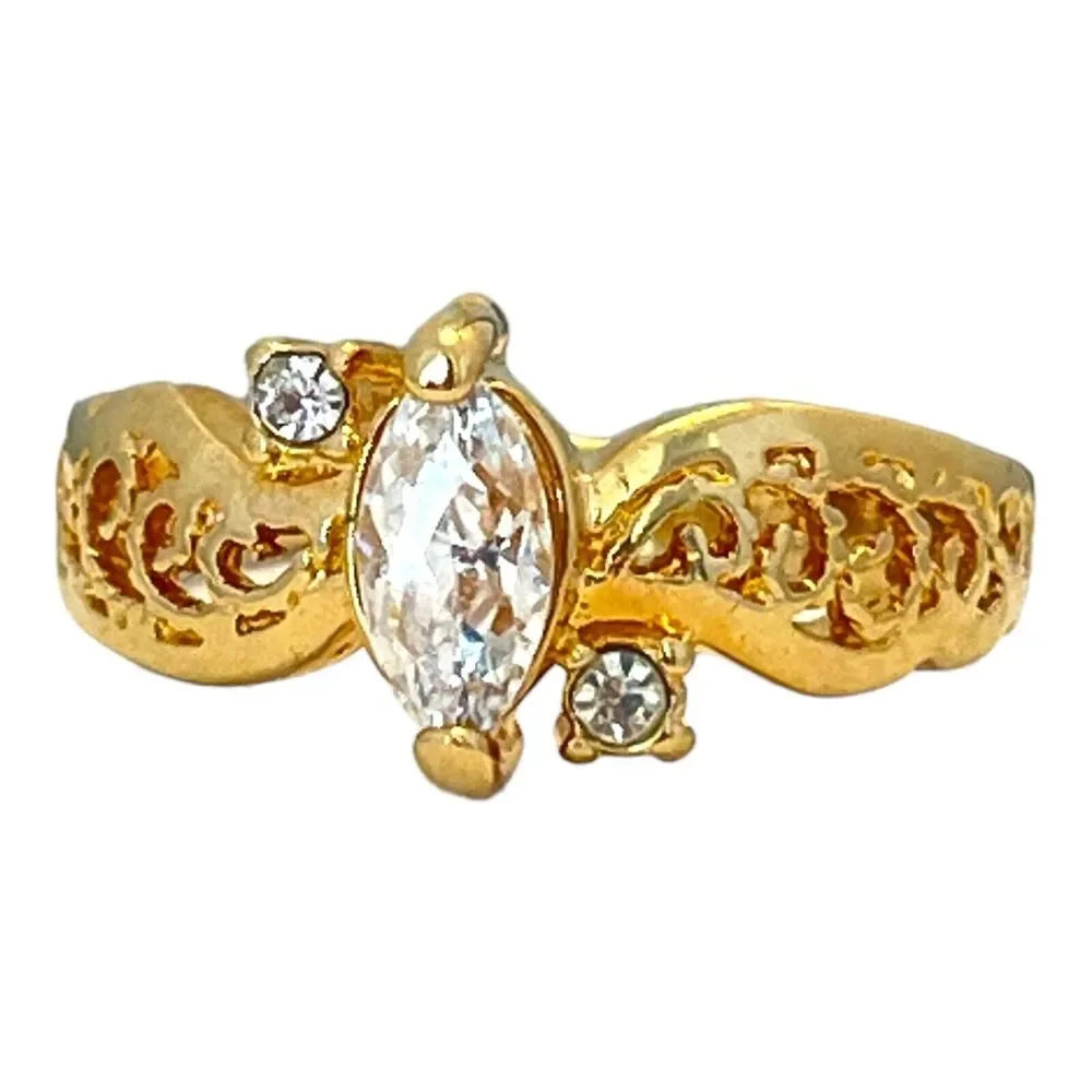 Vintage 1970s Vargas Marquise CZ Ring 18KT Gold Plate Filigree Size 7 - 5T